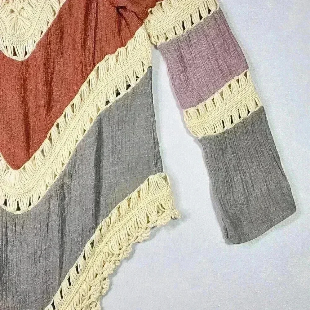 Women's Crochet Crinkle V-Neck Tunic Hippie BOHO Peasant‎ Coverup Earthy Blouse